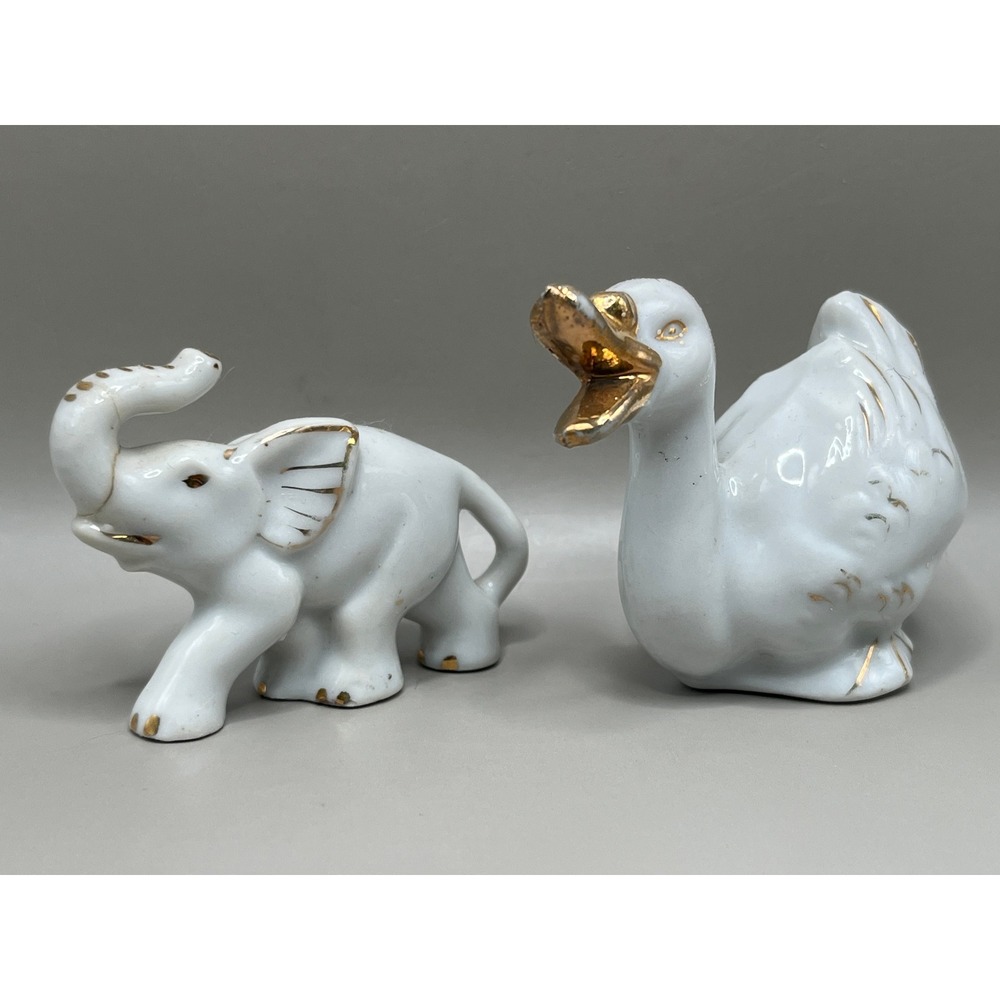 Vtg Japan White Ceramic Gold Gilt Elephant and Duck Figurine Set 2 Piece As‎ Is